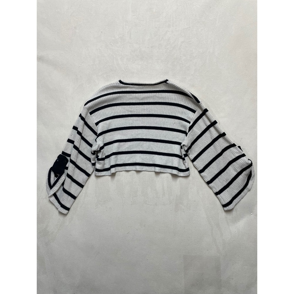 Zara Women Medium Striped Cropped Ribbed Knit Sweater Cream Black Wide Sleeve